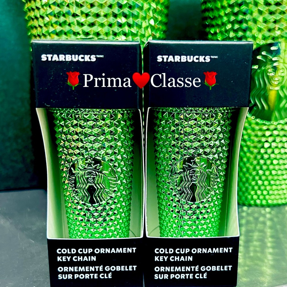 Starbucks Green Metallic Chrome Studded Keychain FOB Bling Ornament Cup Ornament